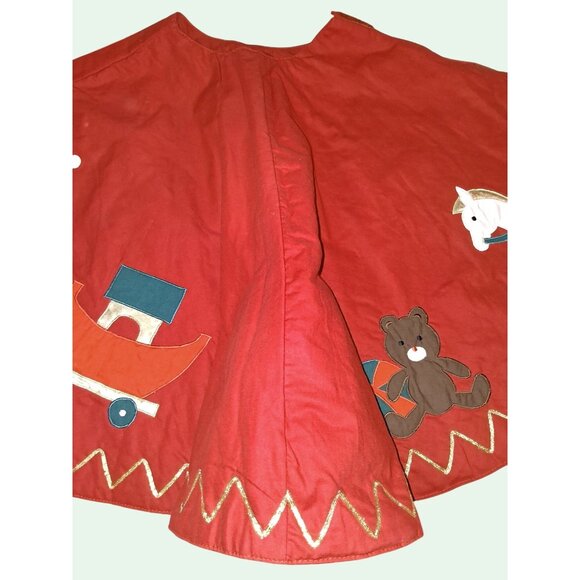Vintage Red Christmas Tree Skirt With Appliqué Santa Bear Toys Gold Zigzag Trim - Picture 5 of 9